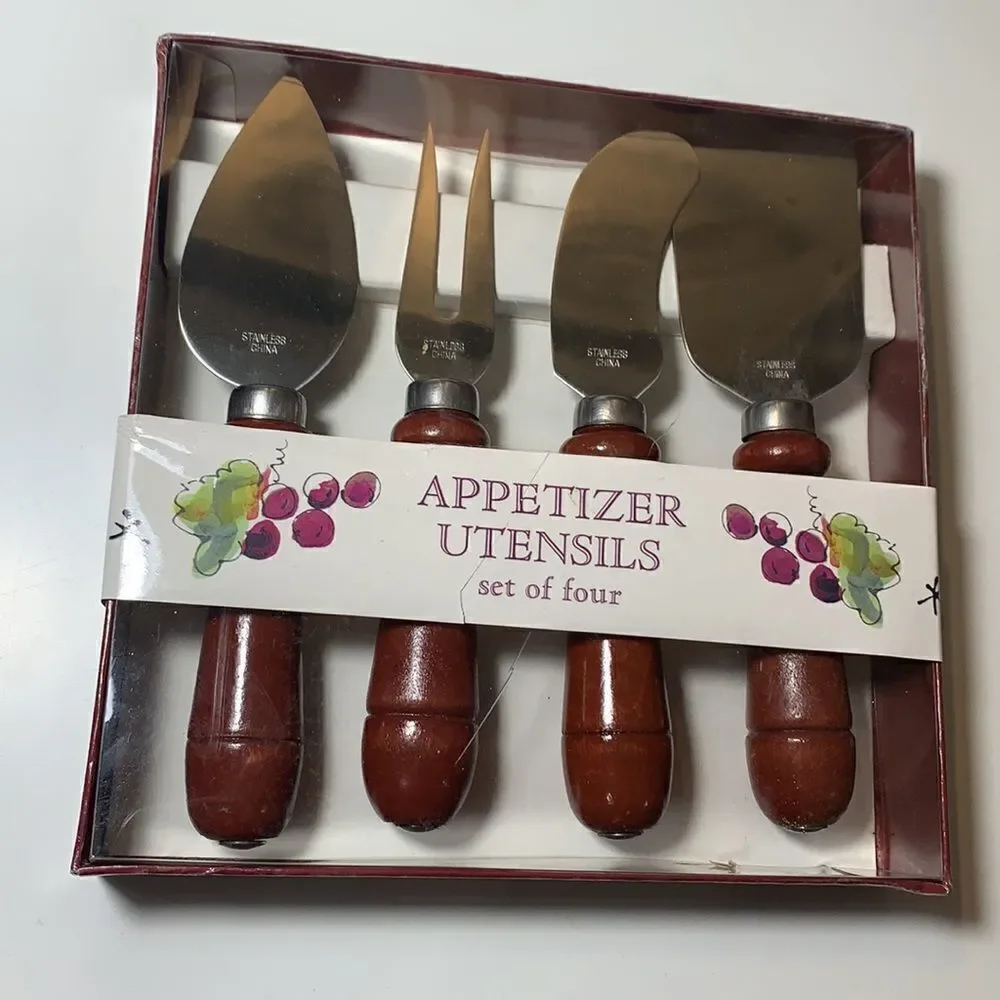 Appetizer Utensils Cheese Server Slicer Wooden Handles Set Of 4 Brown Silver